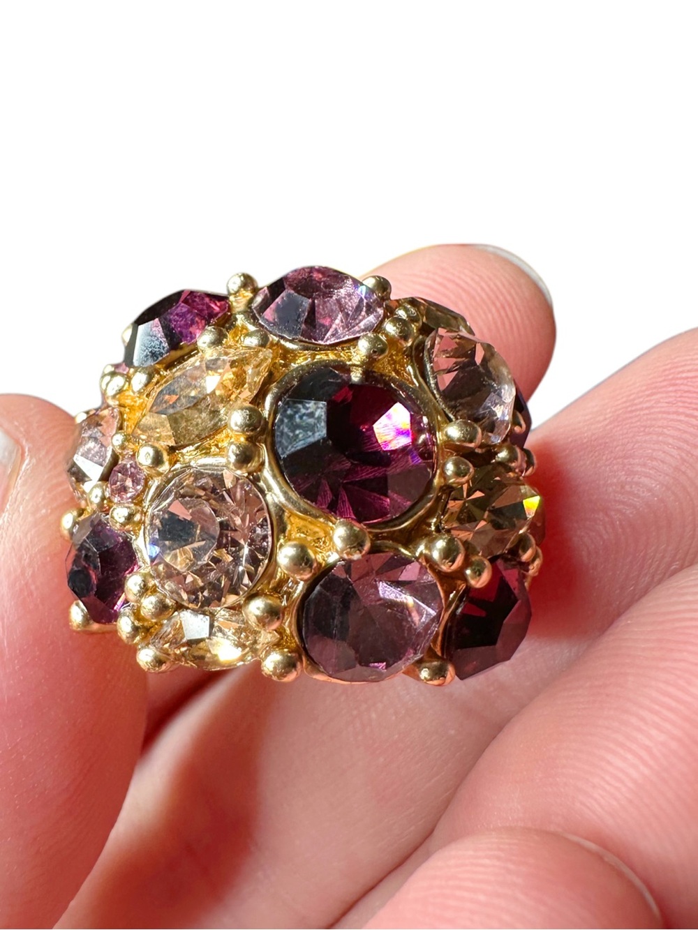 Gold-Tone Purple Crystal Cluster Cocktail Ring